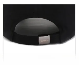 Detail of black baseball cap with adjustable silver metal buckle and narason logo