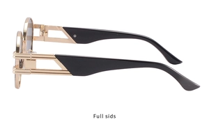 Vue latérale de lunettes de soleil ovales vintage avec monture dorée et branches noires