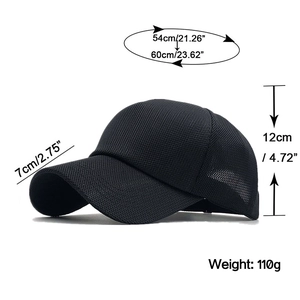 Detailed size specifications for the breathable black mesh baseball cap with measurements
