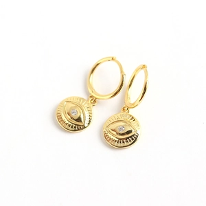 Gold-plated S925 silver hoop earrings with evil eye charms and sparkling zircon inlay
