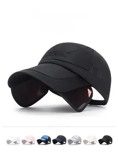 Detail of outdoor sun hat featuring retractable side visors and mesh ventilation fabric