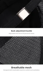 Detailed view of adjustable metal buckle and breathable mesh fabric on black fishing cap