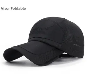 Detail of black mesh fishing cap featuring breathable back and folded visor design