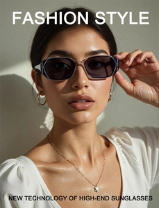 Close-up of geometric square sunglasses with dark lenses and silver metal detail on temple