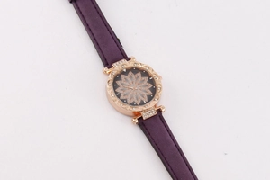 Detailed macro view of starry sky watch with rose gold bezel and crystal flower dial