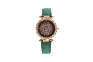Macro view of green suede strap and rose gold rhinestone bezel on women watch