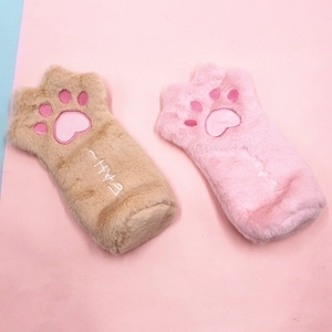 Cute plush cat paw pencil cases in brown and pink colors with soft fuzzy texture