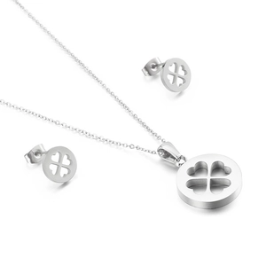 Parure bijoux en acier inoxydable argenté avec collier trèfle évidé et boucles d'oreilles