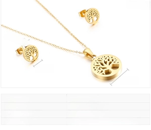 Detailed size specifications for gold tree of life necklace and earrings set