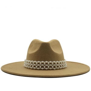Chapeau fedora élégant en laine kaki à bord large et bande décorative à trois rangs de perles