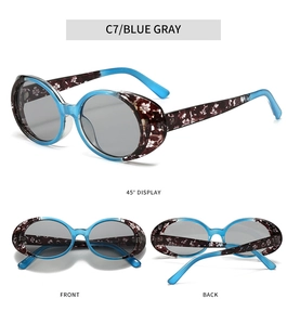 Detailed multi-angle views of blue floral frame oval sunglasses in C7 color