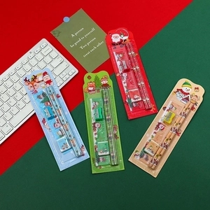 Christmas 5-piece stationery set including pencil, eraser, ruler and sharpener in festive colors