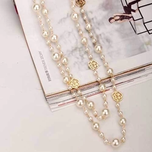 Long multilayer pearl sweater necklace with golden hollow camellia flower pendants