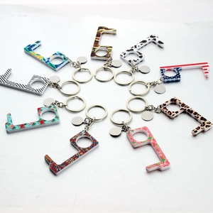 Set of 9 multi-pattern 5mm acrylic non-contact door opener keychains with metal rings