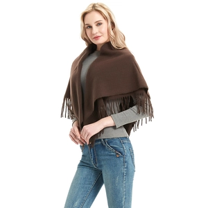 Solid brown knitted shawl poncho with fringe tassels for men and women in winter style