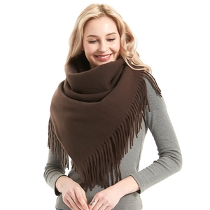 Brown solid color tassel scarf for men and women, soft polyester fringe winter triangle shawl