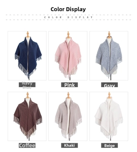 Detail showing various solid color knitted scarves with tassels in 2x3 grid display