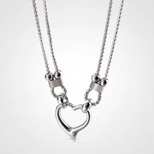 Stainless Steel Heart Necklace Double Layer Hollow Pendant Minimalist Sweet Jewelry For Women