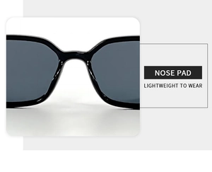 Detail of lightweight integrated nose pads on classic black square sunglasses frame