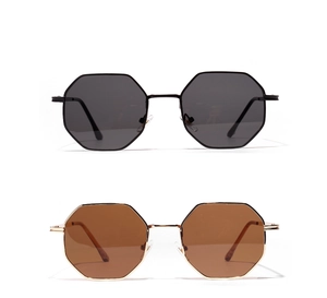 Close-up of geometric octagonal metal sunglasses with black and tea tinted lenses