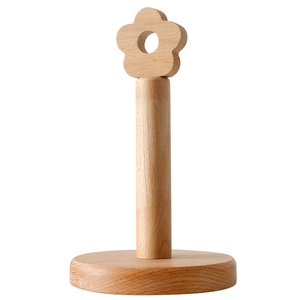 Vertical beech wood kitchen paper towel holder with decorative flower top on white base
