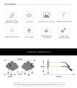Technical drawing of cloud sunglasses showing UV400 lens features and precise dimensions