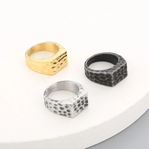 Mens vintage hammered rectangle wide band rings in gold, silver, and black 316L steel