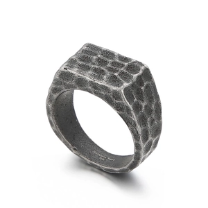 Square Signet Ring Hammered 316L Stainless Steel Band Vintage Industrial Punk Style Jewelry For Men