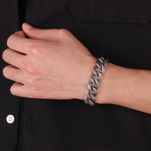 Retro punk style thick Cuban link bracelet with distressed texture for men's fashion