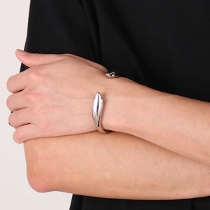 Polished silver stainless steel open bangle featuring stylish double snake head design