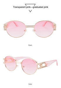 Détail de lunettes de soleil ovales avec verres dégradés roses et monture dorée