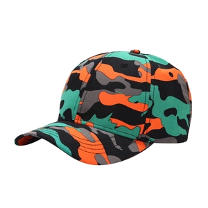 Unisex camouflage baseball cap with vibrant orange and green patterns for outdoor wear