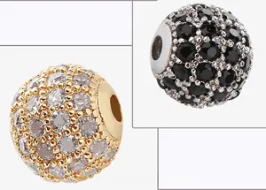 Detail of 8mm copper micro-pave cubic zirconia beads in gold and silver for DIY jewelry