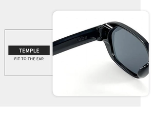 Detail of sturdy hinge and temple with 7589 engraving on black square sunglasses
