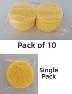 Detail showing natural wood pulp sponges in single piece and bulk 10-piece pack