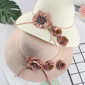 Women Kids Straw Bucket Hat Sun Protection Foldable Beach Summer Floral Decoration Wide Brim Sunscreen
