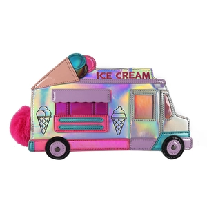 Laser holographic ice cream truck crossbody bag with pink pom pom and embroidery