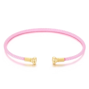 Pink woven rope C-shaped open bracelet with golden metal end caps on white background