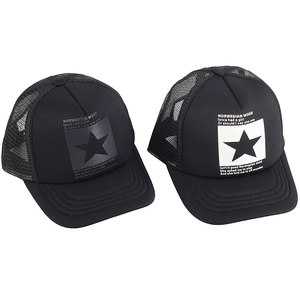 Detail of black mesh trucker hats with pentagram star and white text printing
