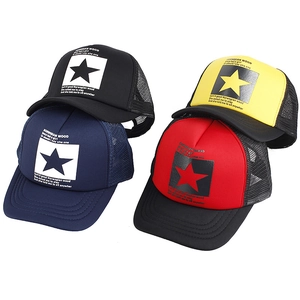 Detail of multi-color mesh trucker caps featuring pentagram prints and breathable panels