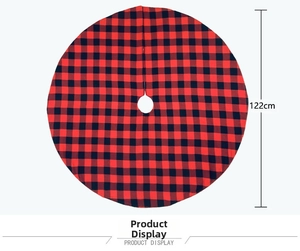 Top view of 122cm red and black buffalo plaid Christmas tree skirt on white background