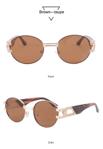Vue macro latérale et frontale de lunettes de soleil ovales rétro avec verres bruns et métal
