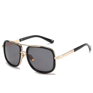 Retro square double bridge sunglasses in black and gold metal frame with grey lenses