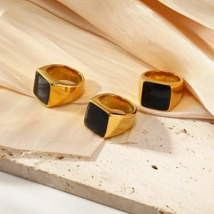 Minimalist 18k gold plated stainless steel square ring with black enamel gemstone