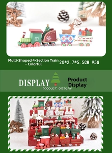 Detailed view of a 4-section wooden Christmas train toy with festive miniature ornaments