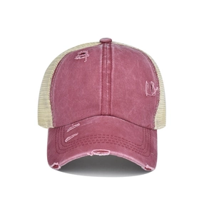 Distressed dark red washed cotton ponytail baseball cap with beige mesh back and vintage style