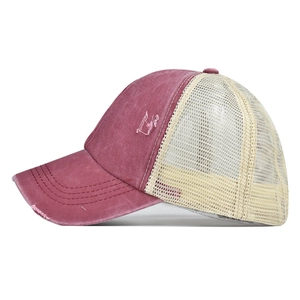 Vintage washed ponytail baseball cap with breathable beige mesh and red distressed brim