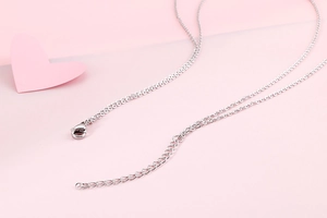 Detailed macro view of a silver lobster clasp and adjustable extension chain on the necklace