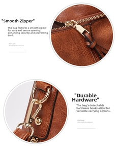 Detail of golden metal zipper and durable detachable hooks on a brown tote bag