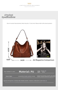 Detailed size infographic of a brown vintage PU leather tote bag with dimensions 34x30x13cm